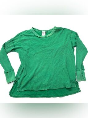 Aerie Offline Green Waffle Knit Long-Sleeve Top T-Shirt Oversized Henley